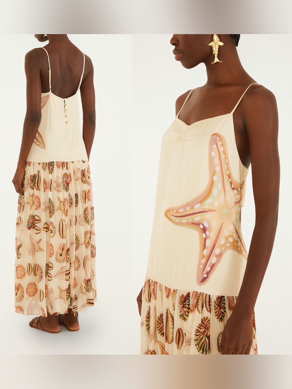 FARM Rio Cream MARINE SHELLS SAND SLEEVELESS MAXI DRESS